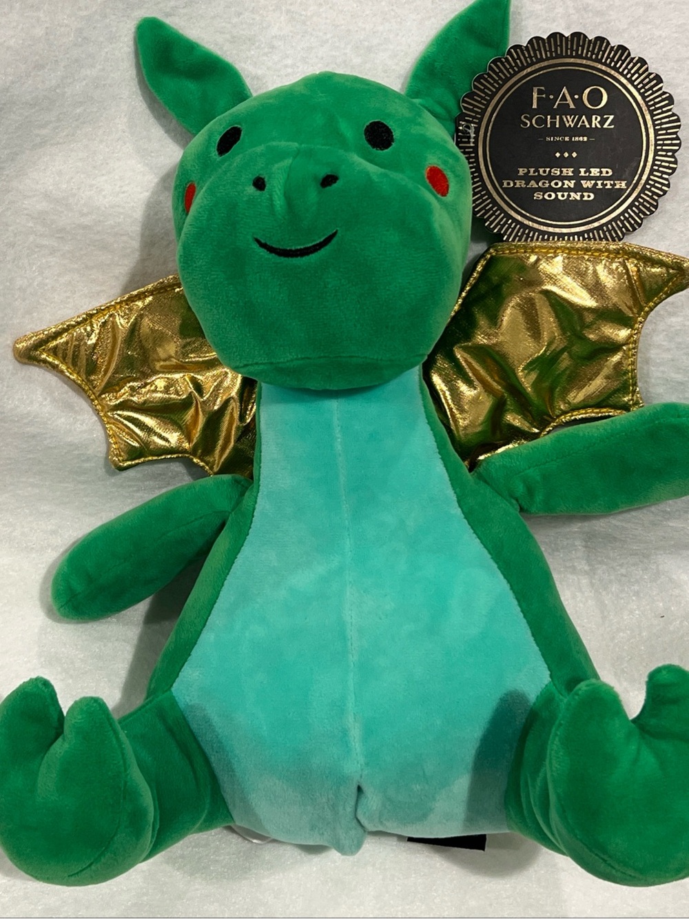 NEW FAO Schwarz Flint Dragon Plush LED Lights & Sound Green w/Gold Wings Retired